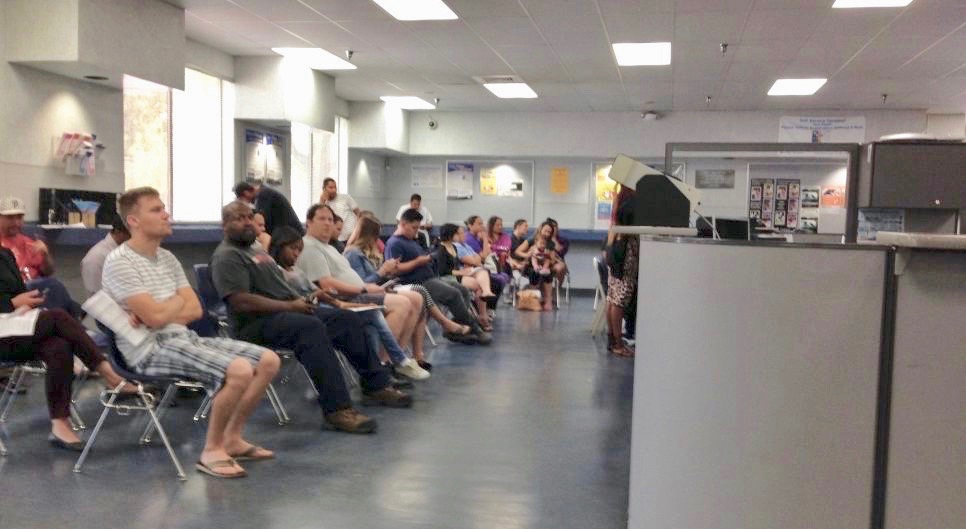 A California DMV office in Sacramento. It will soon cost extra to use credit cards to pay motor vehicle fees. (Photo by Shawn Hubler for CalMatters)