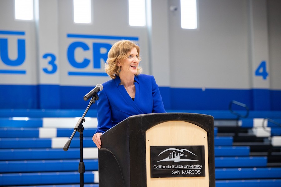Cal State San Marcos’ new president, Ellen Neufeldt, is pictured during a campus visit in April. (Photo by Andrew Reed)
