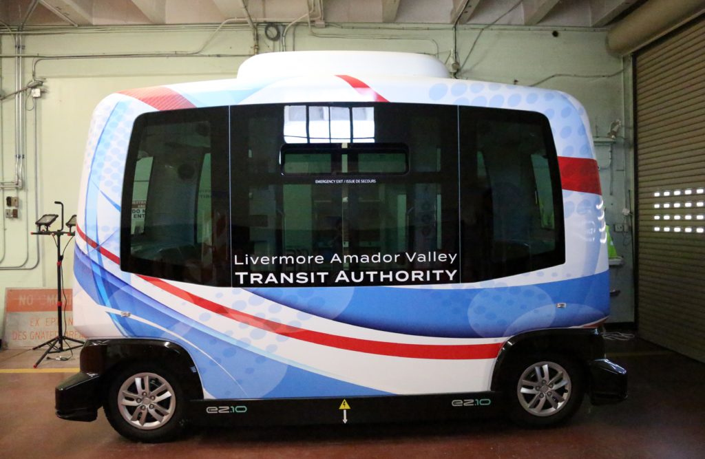 An autonomous bus at GoMentum Station. (Photo by Maria J. Avila for CalMatters)