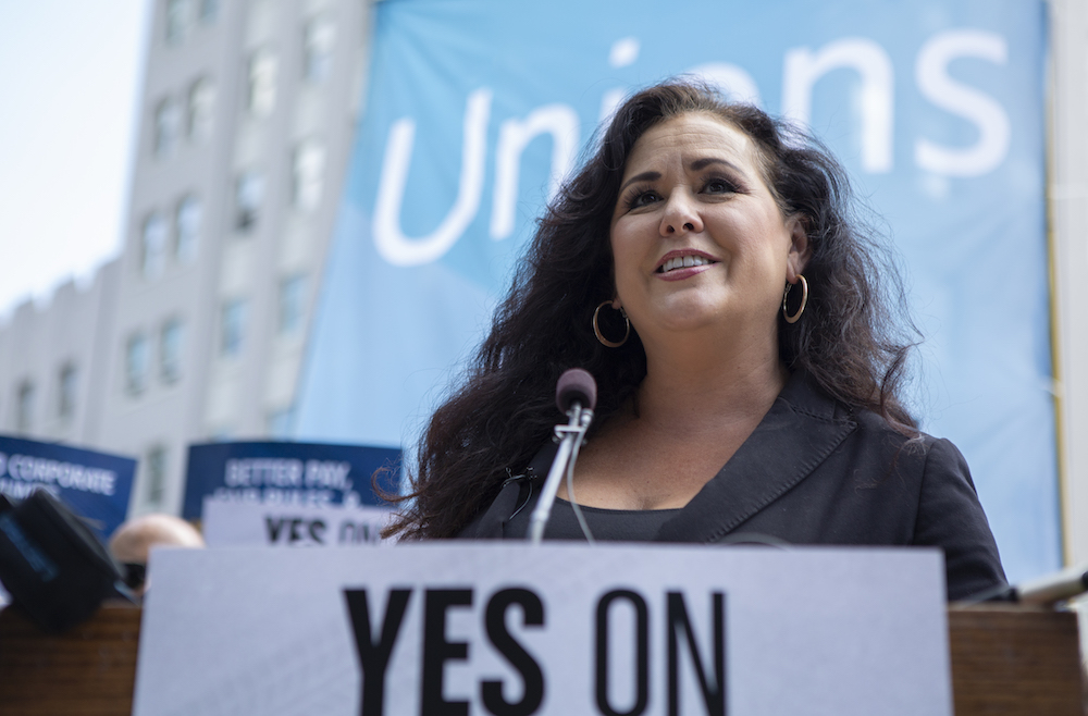 Assemblymember Lorena Gonzalez speaks at a rally in support of AB 5. (Photo by Anne Wernikoff for CalMatters)