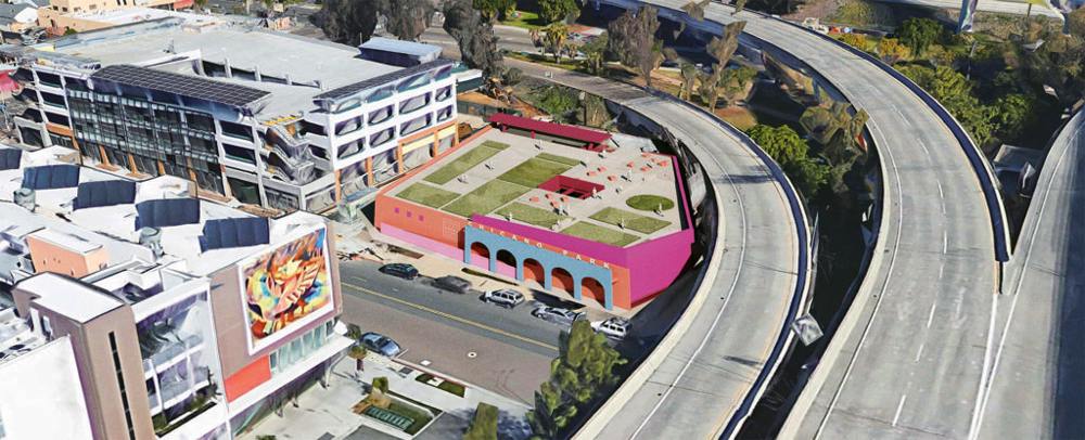 An artist's depiction of the future Chicano Museum and Cultural Center on National Avenue, next to Chicano Park (beneath the freeway ramps). (Courtesy The Sun)