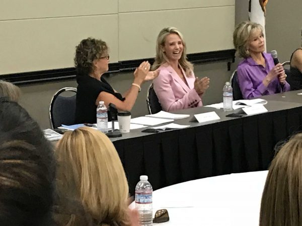 Jennifer Siebel Newsom, center, and actor Jane Fonda, right, were among the advocates for a vetoed mandatory arbitration bill that has was reintroduced. (Photo for CALmatters by Dan Morain)