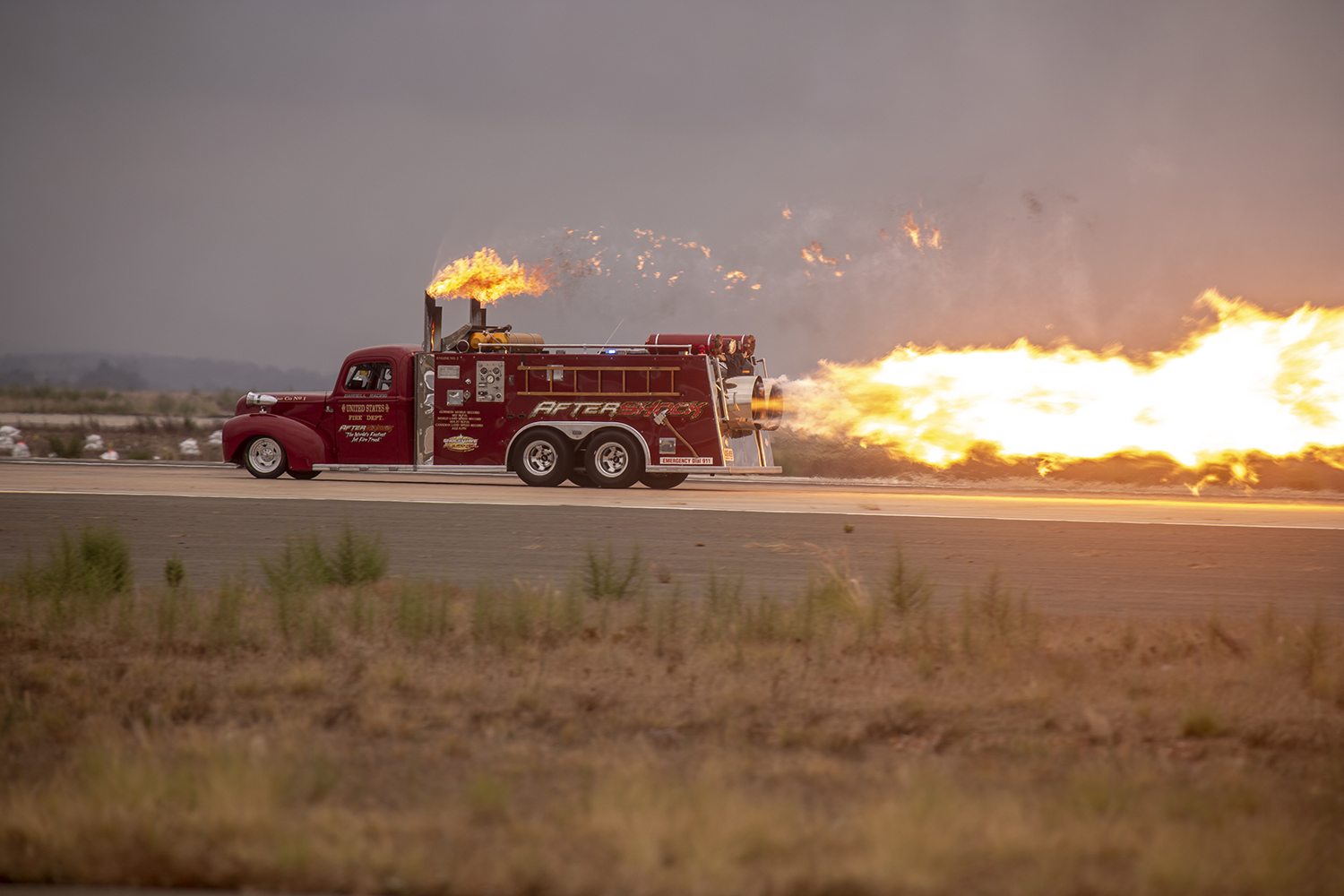 A jet-powered fire truck, races down the flight line at the 2019 Marine Corps Air Station Miramar Air Show on MCAS Miramar on Friday. (Photo: Lance Cpl. Robert Alejandre/Marine Corp.)