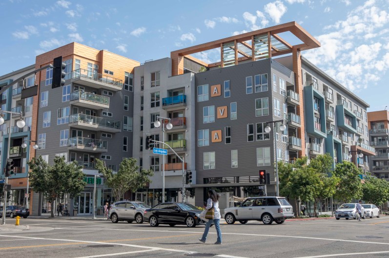 A luxury apartment complex in Little Tokyo in Los Angeles. (Photo by Anne Wernikoff for CalMatters)
