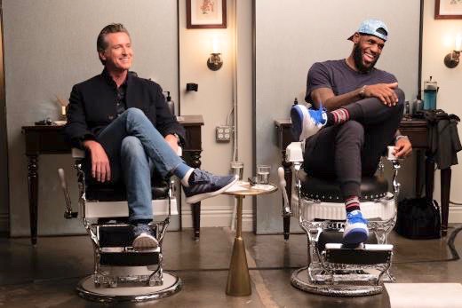 Gov. Gavin Newsome and LaBron James on episode of UNINTERRUPTED's The Shop.