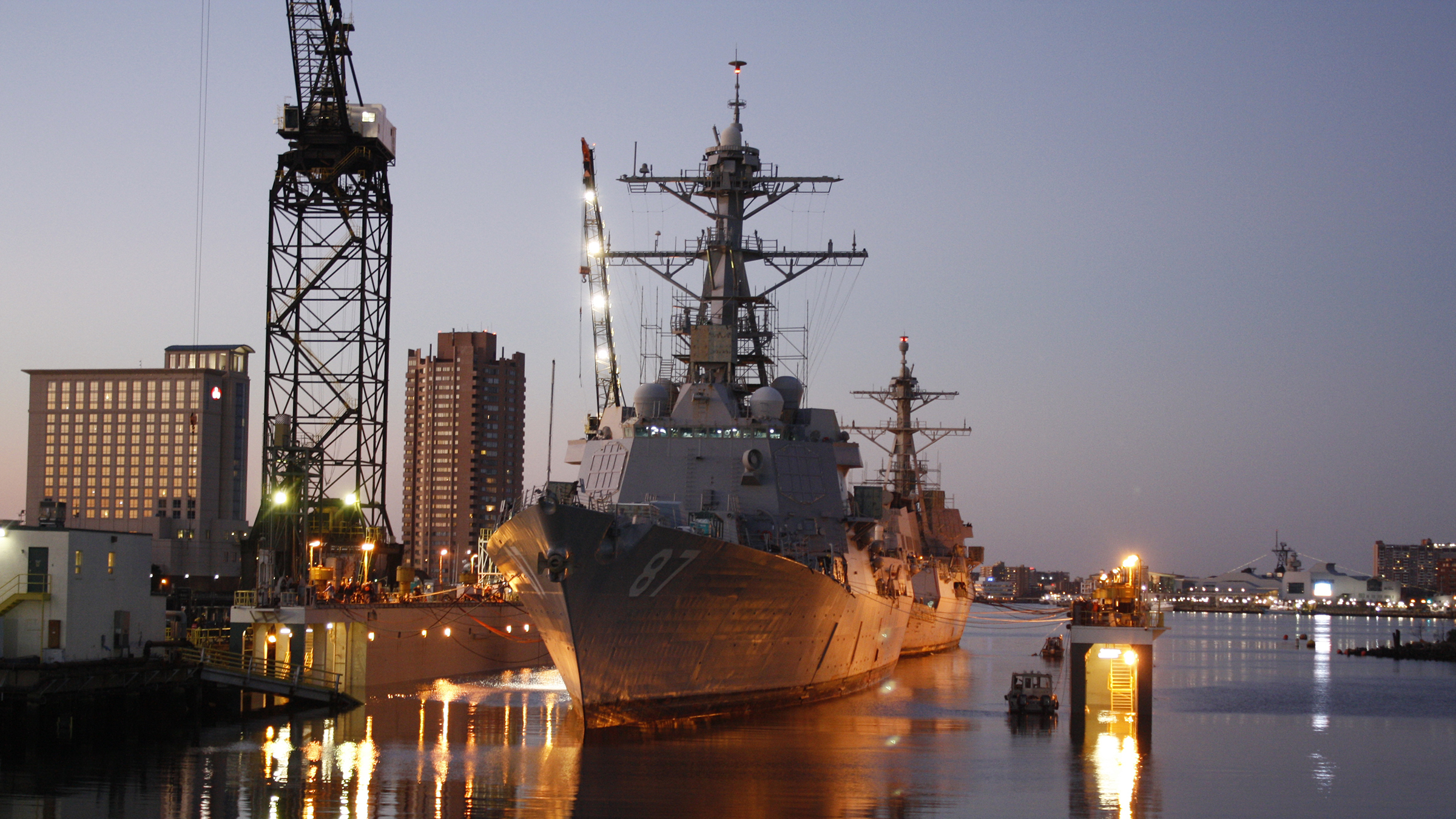 BAE Systems’ ship repair team will tandem dry-dock two Navy destroyers, the USS Decatur and USS Stethem. (Photo: BAE Systems)