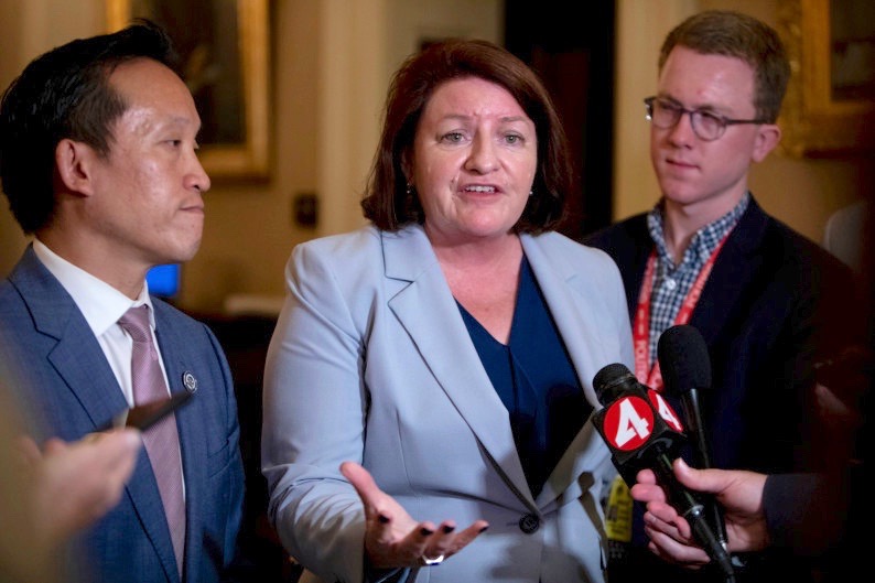 Senate President Pro Tem Toni Atkins with Assemblyman Davis Chiu. (Photo by Anne Wernikoff for CalMatters)