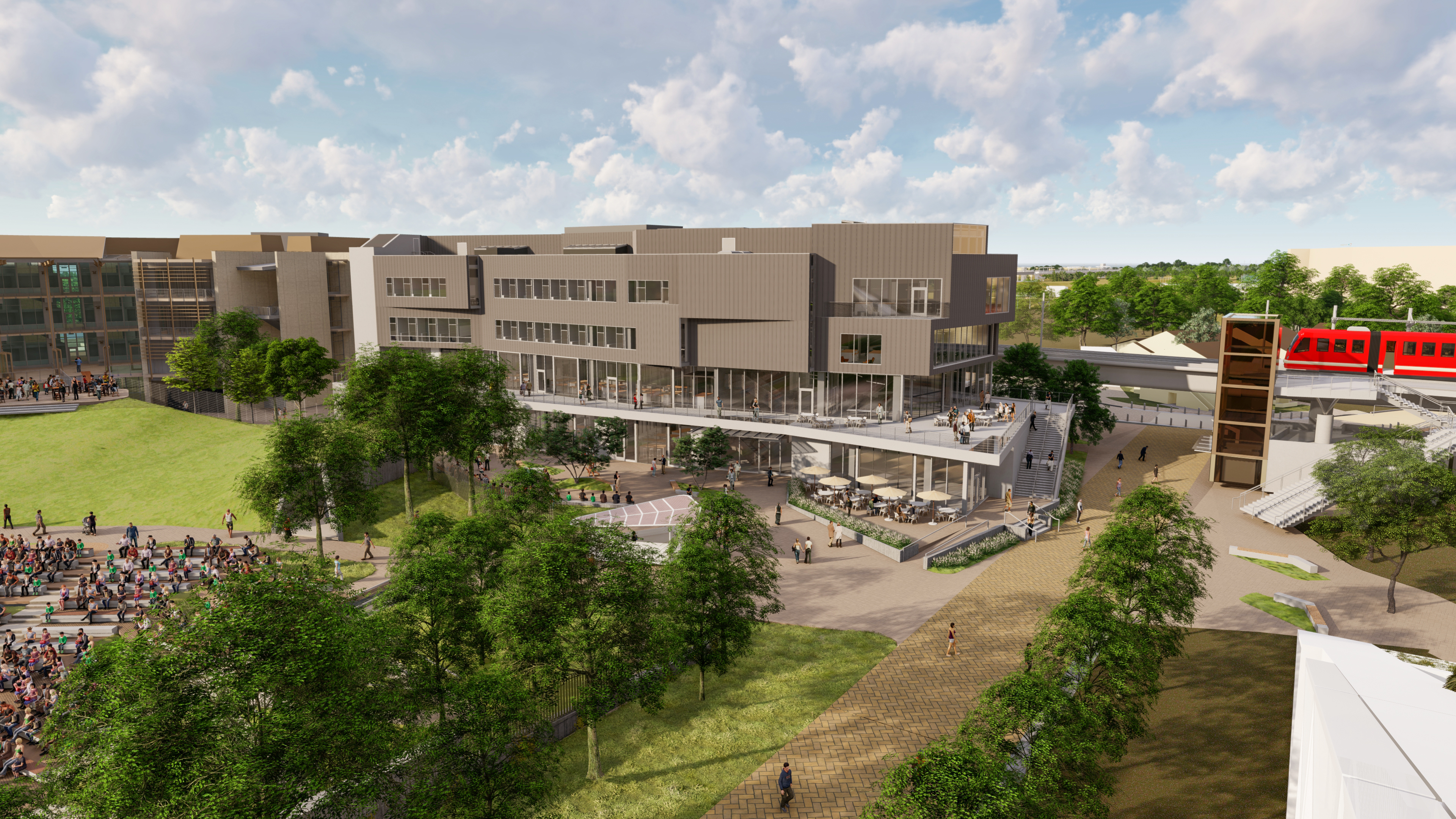 Rendering of UC San Diego Design and Innovation Building, with the Blue Line Trolley at far right. (All renderings courtesy of UC San Diego)