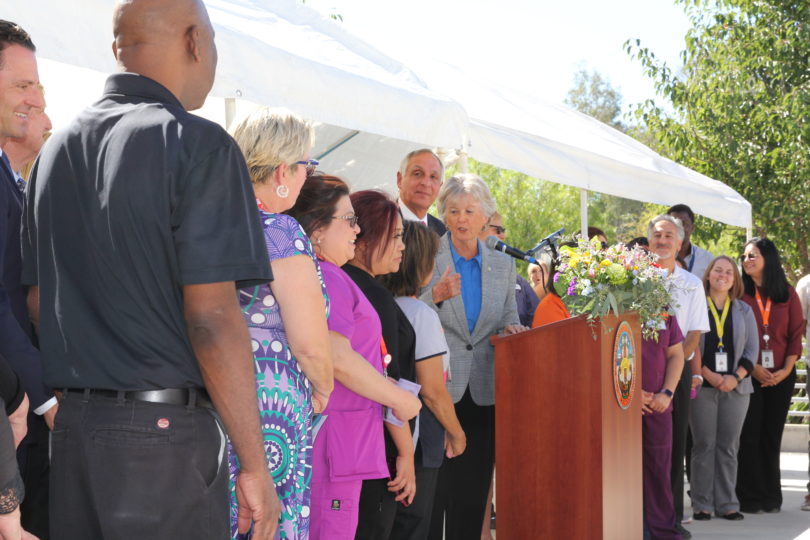 County Board of Supervisors Chairwoman Dianne Jacob presents a proclamation to Edgemoor employees declaring Wednesday, Oct. 23 to be Edgemoor Hospital Day in San Diego County.