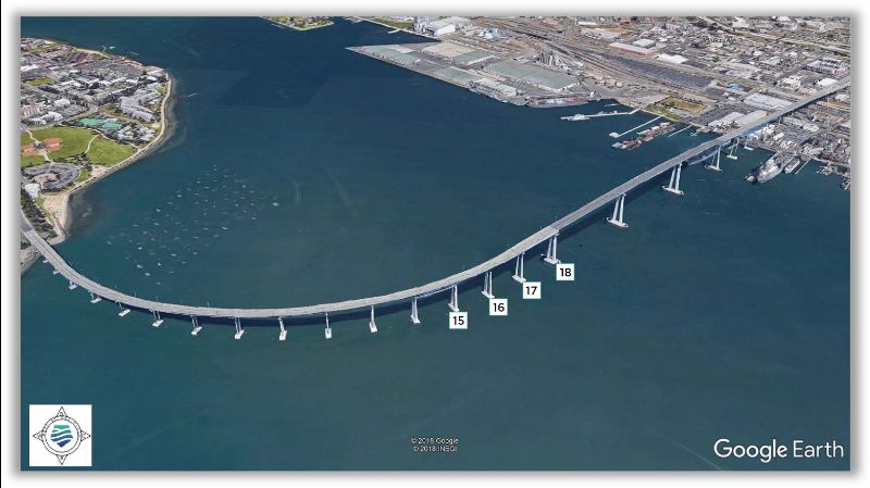 During a one-week test, the Port will temporarily illuminate four over-water, mid-span piers (the vertical support structures beneath the bridge span) to gather information as part of project to light up the San Diego-Coronado Bridge.