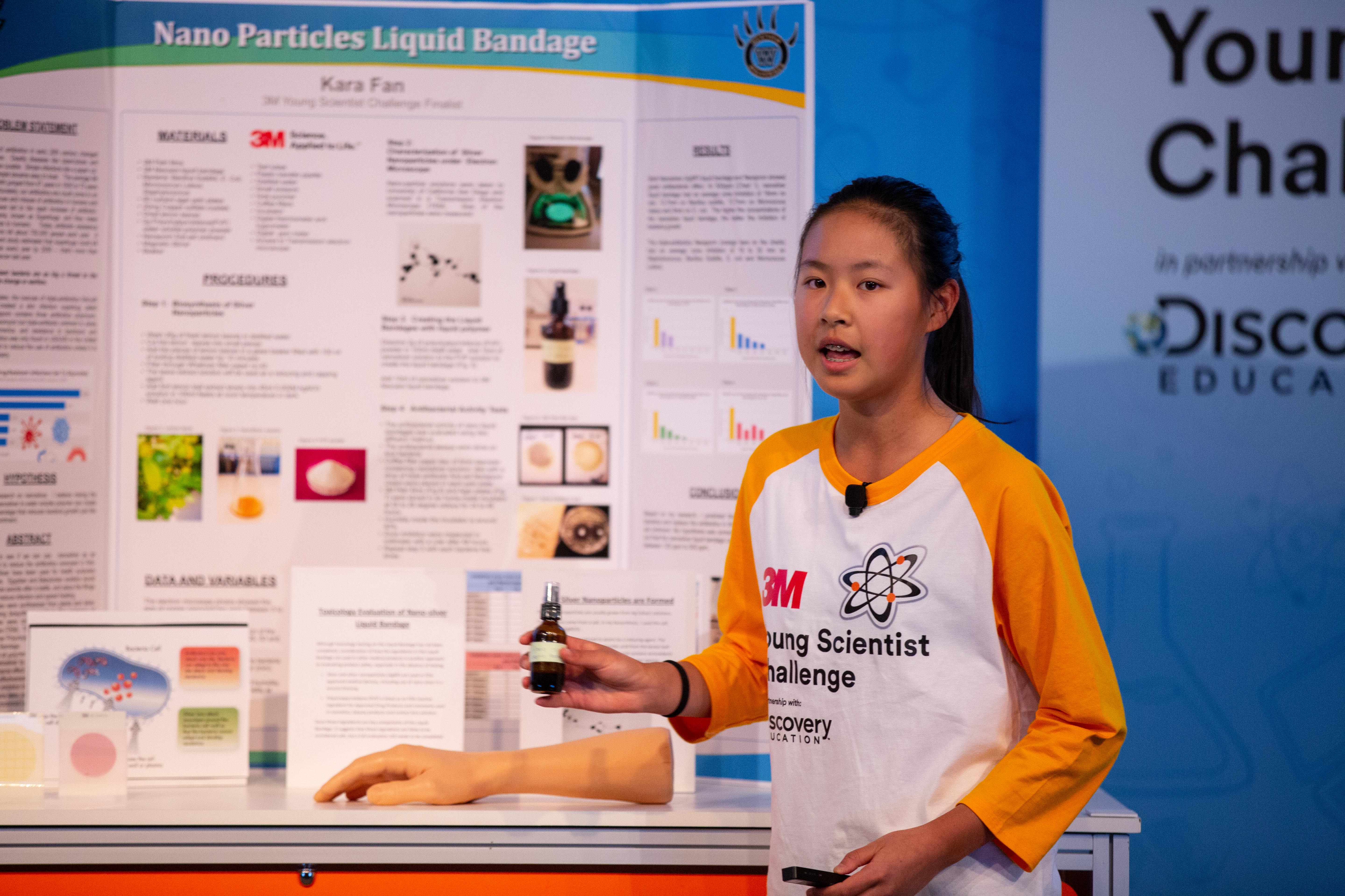 Kara Fan explains her first aid liquid bandage project. (Photos courtesy of 3M and Discovery Education)