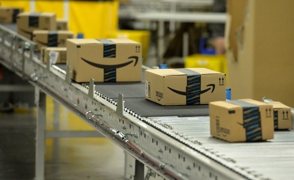Packages on a conveyor belt at the Amazon fulfillment center in Tracy, April 12, 2016.