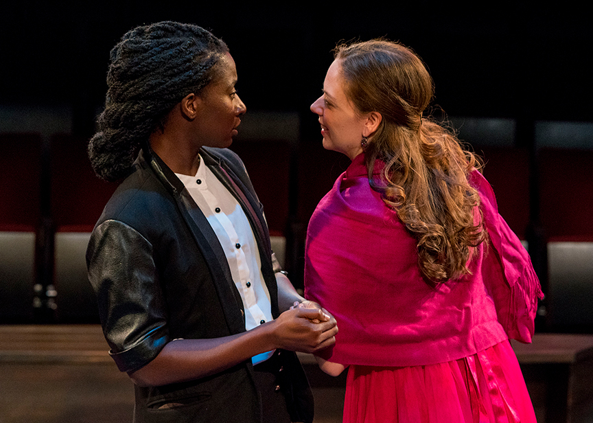 Bibi Mama as Viola, left, and Hallie Peterson as Olivia, in ‘Twelfth Night,’ by William Shakespeare and directed by Jesse Perez, runs Nov. 2-10 at The Old Globe. (Photo by Daren Scott)