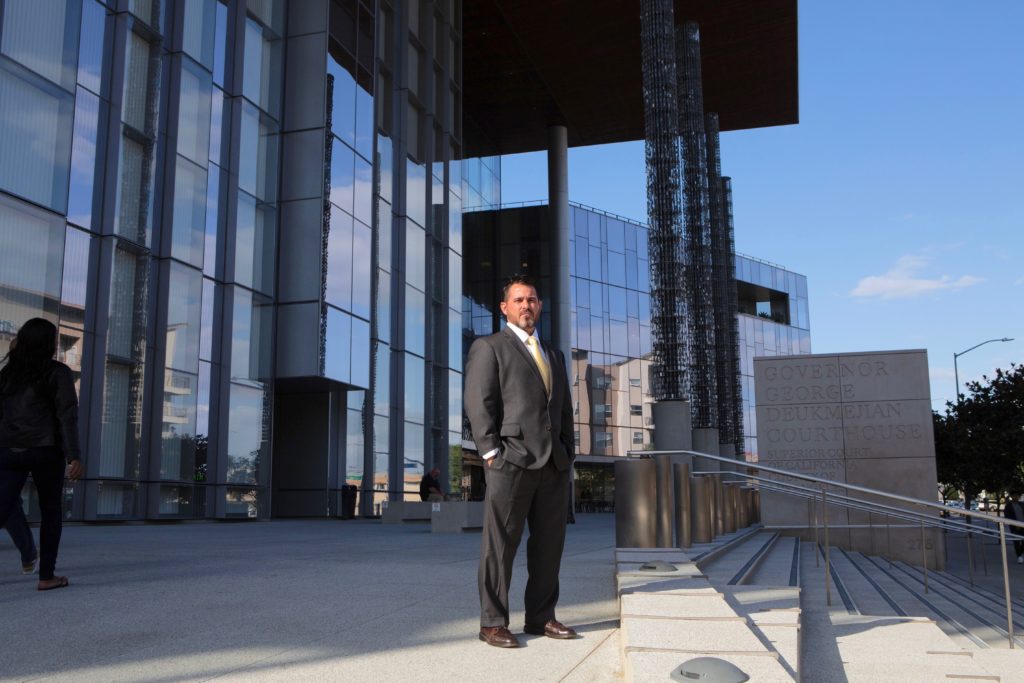 James Binnall, associate professor of law, criminology, and criminal justice, photographed outside of the Long Beach Superior Court on Nov. 21, 2019 in Long Beach. (Photo by James Bernal for CalMatters)