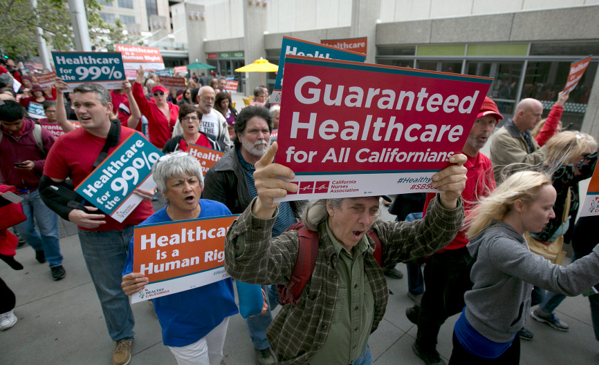 A health care rally at California’s Capitol. (AP photo by Rich Pedroncelli, courtesy of CalMatters)