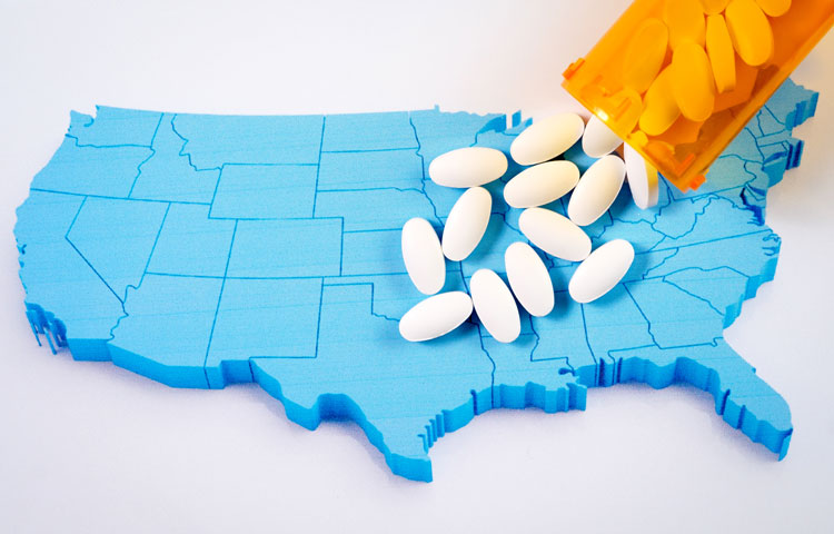 Opioid-use disorder is a major public health crisis in the United States. In 2018, an estimated 10.3 million Americans over the age of 12 misused opioids, including heroin, fentanyl and oxycodone, leading to more than 50,000 fatal overdoses per year. (Illustration: Sanford Burnham Prebys)