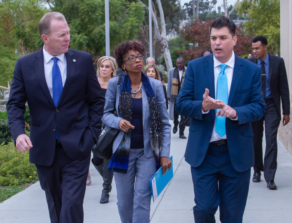 San Diego Continuing Education President Carlos O. Turner Cortez, right, hosts a campus visit with Mayor Kevin Faulconer and Councilwoman Monica Montgomery to explain food insecurity programs at SDCE.