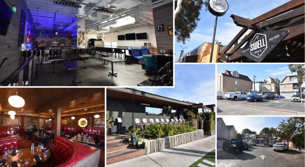 From top left and clockwise) Himmelberg’s in East Village, Swell Coffee Co. in Mission Beach, parking lots in Mission Beach, Patio on Lamont in Pacific Beach, and Saska's in Mission Beach are for sale.