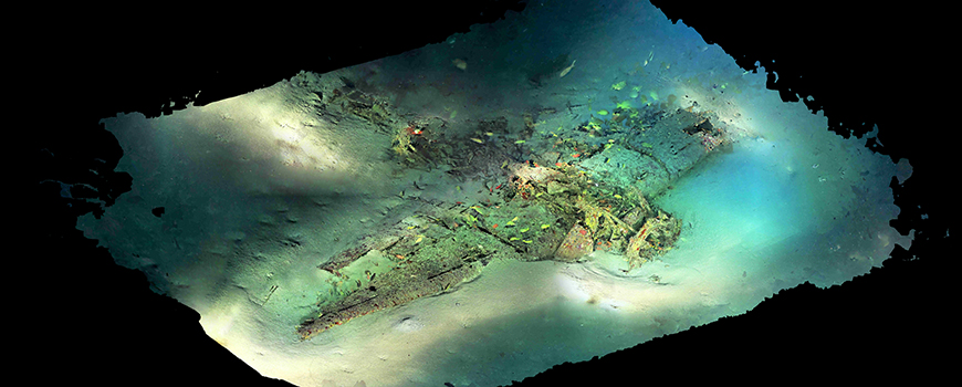 Crashed World War II aircraft 330 feet deep off Hawaii created from high-resolution video data from R/V Petrel ROV (Courtesy Scripps Institution of Oceanography)