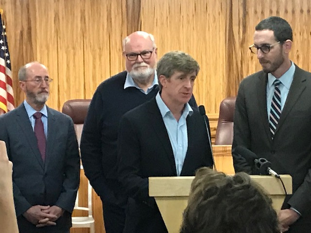 Former Congressman Patrick Kennedy, center, helps promote mental health legislation. Behind him are Sens. Steve Glazer, Jim Beale and Scott Wiener. 