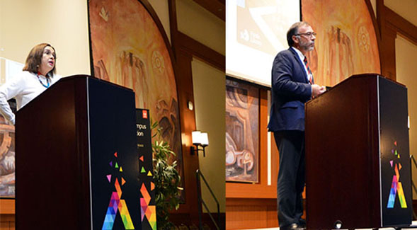 SDSU President Adela de la Torre and Chief Information Officer Jerry Sheehan address the Adobe Creative Campus event audience. 