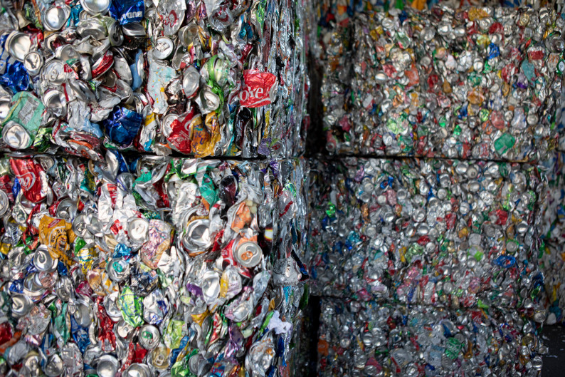 Stacks of compressed aluminum awaiting transport at greenwaste recovery facility on July 29, 2019. (Photo by Anne Wernikoff for CalMatters)