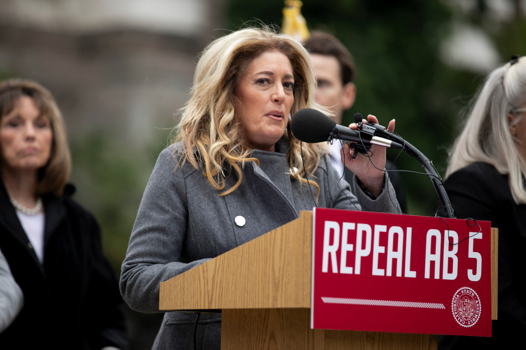 Assembly GOP leader Marie Waldron at a rally against AB 5. (CALmatters photo)