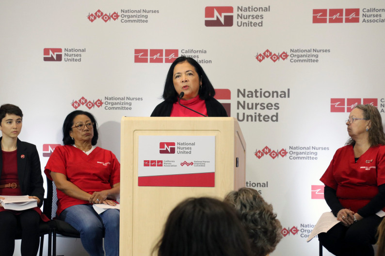 Bonnie Castillo, registered nurse and executive director of National Nurses United and the California Nurses Association, presents a national survey on coronavirus preparedness on March 5, 2020. (Photo via National Nurses United)