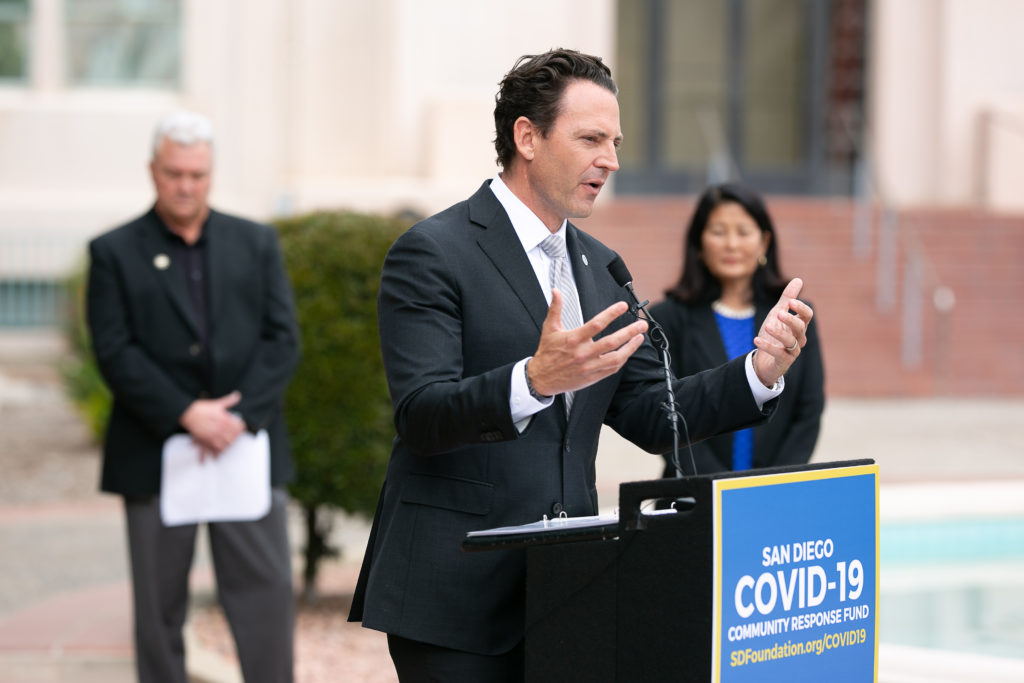 Supervisor Nathan Fletcher, co-chair of the county’s COVID-19 subcommittee, addresses a press conference on Monday. (Photo credit: The San Diego Foundation)