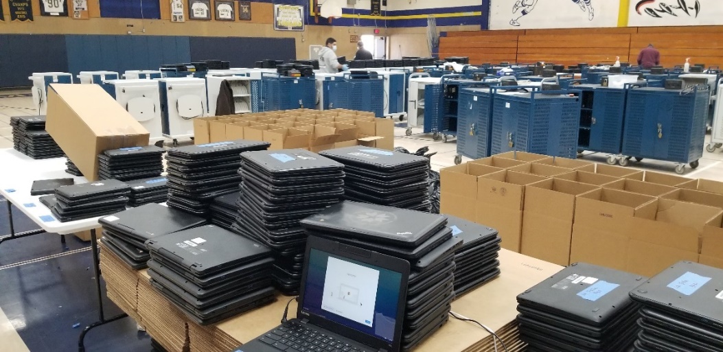 Thousands of computers being refurbished by Gafcon Inc. and San Diego Unified School District teams for use in “distance learning” by students and staff during the COVID-19 pandemic. (Photos courtesy of Gafcon Inc.)