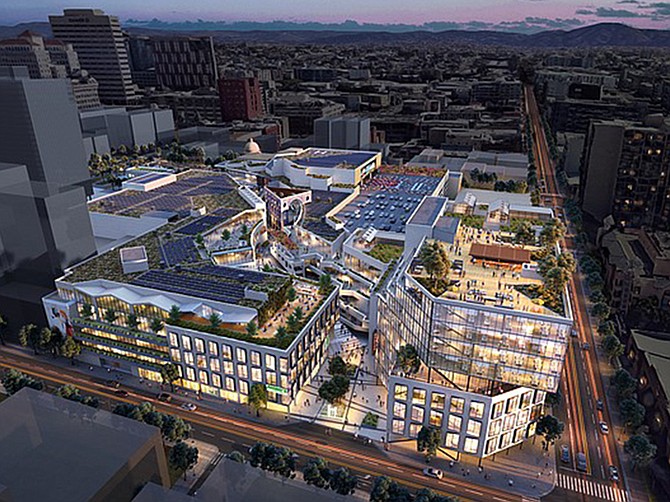 An artist rendering shows the proposed redevelopment of Horton Plaza as a mixed-use office campus with ground floor retail and a luxury cinema. (Courtesy of Stockdale Capital Partners)