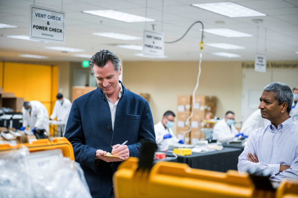 Gov. Gavin Newsom during a March 28 tour of Bloom Energy in Sunnyvale. (Photo by Beth LaBerge/Pool Photo via AP)
