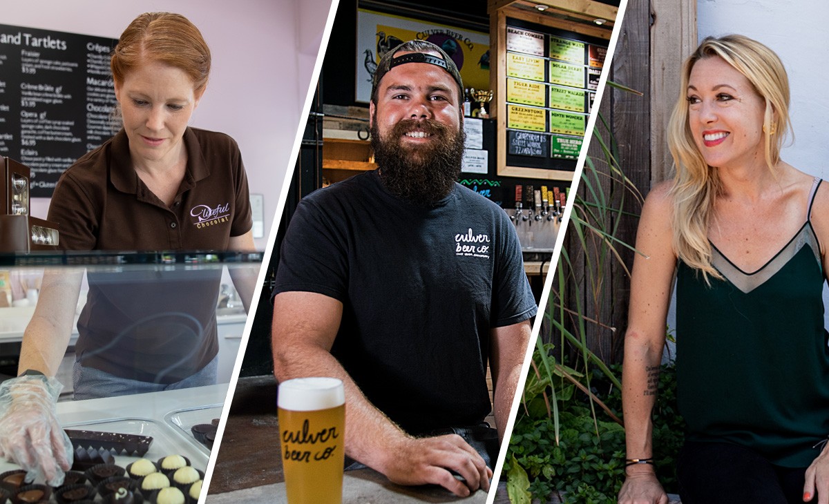 Among the CSUSM alumni whose food and drink businesses have been impacted by COVID-19 are (from left) Dayleen Coleman of D’Liteful Chocolat in Lake San Marcos, Mike Stevenson of Culver Beer Co. in Carlsbad and Jessica Waite of The Plot restaurant in Oceanside.