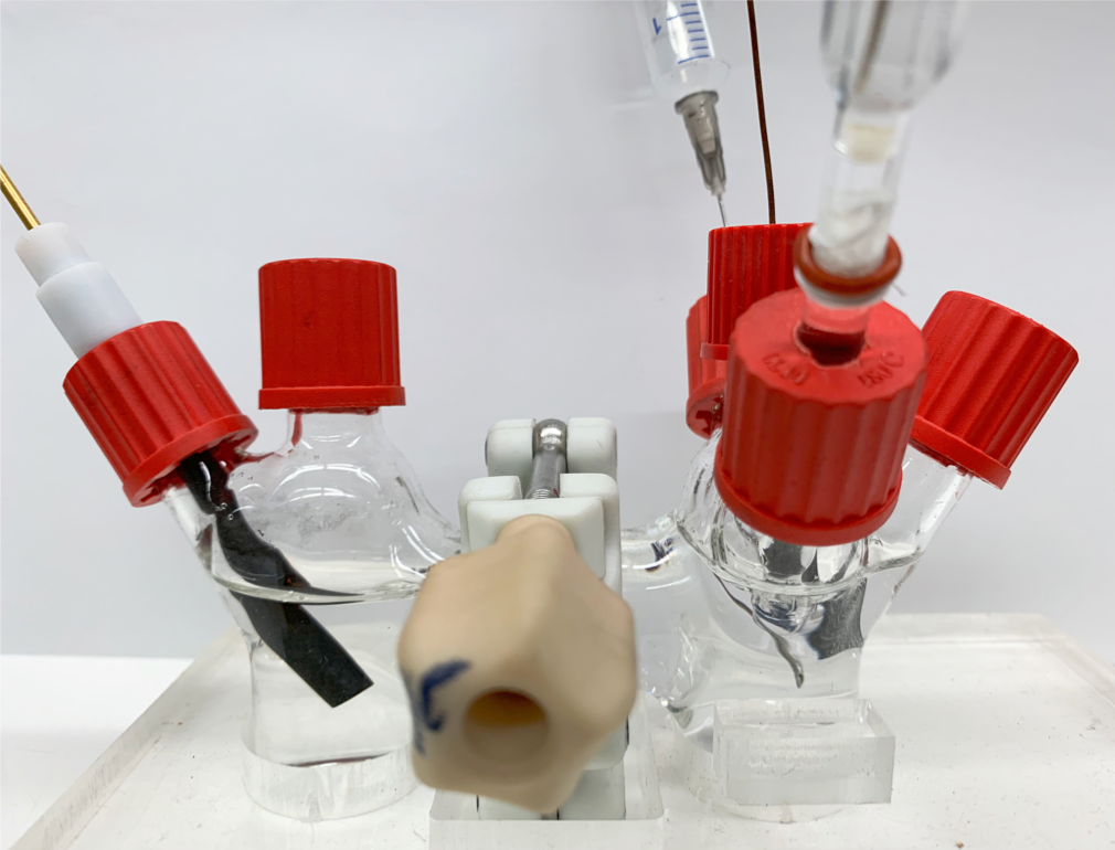 The researchers' H-cell setup for developing their hydrogen peroxide production method.