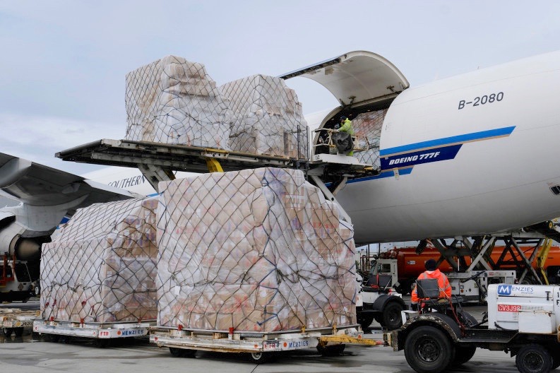 Ground crew at the Los Angeles International airport unload pallets of medical protective equipment from a China Southern Cargo plane upon its arrival on April 10, 2020. California has scrambled to cut deals for millions of masks and other gear. (AP Photo by Richard Vogel)