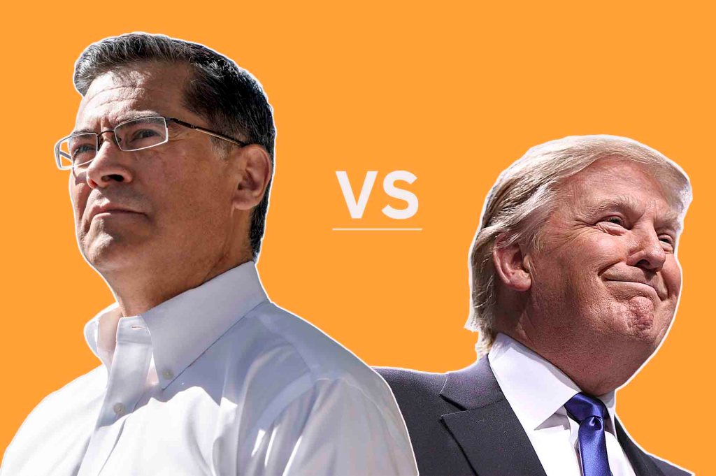 California Attorney General Xavier Becerra and President Donald Trump are facing off in a number of lawsuits. (Illustration by Anne Wernikoff; photos by Anne Wernikoff for CalMatters and Gage Skidmore via Flickr)