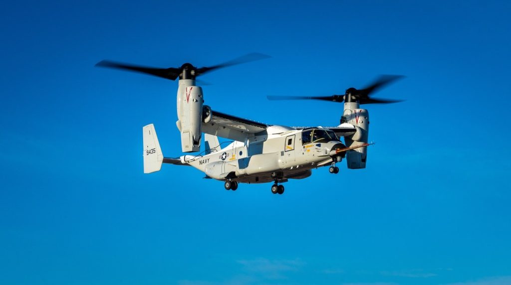 A Bell-Boeing CMV-22B Osprey completes its first flight on Jan. 21, 2020. (Bell-Boeing Photo)