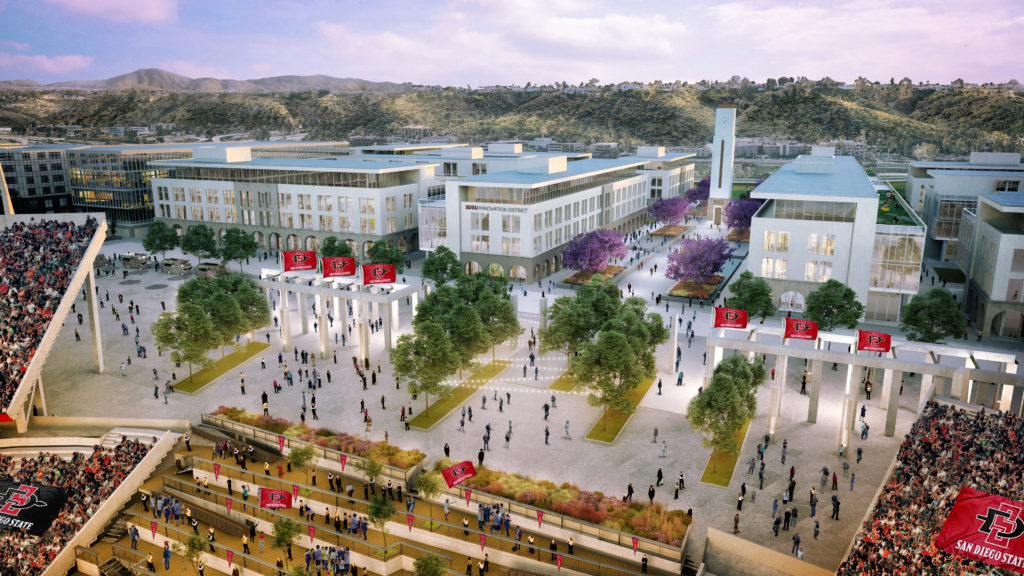 A rendering showing the proposed SDSU innovation district, as viewed from the planned Aztec stadium, looking south. (Carrier Johnson)