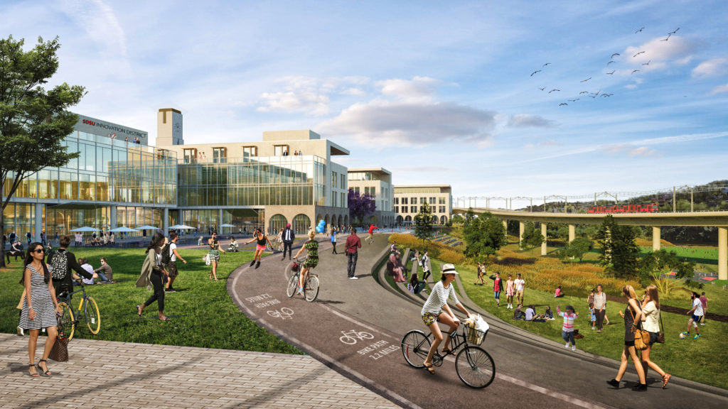 Rendering of the Mission Valley river park that is part of San Diego State University’s redevelopment plan.