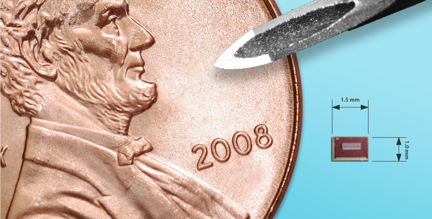 CARI Therapeutics’s biosensor (depicted next to a United States penny) is about the size of a grain of rice and is implanted under the skin on the wrist. 