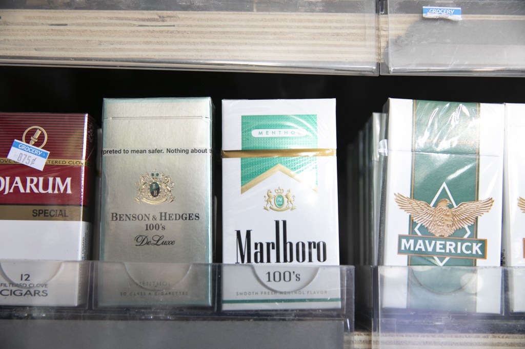 Menthol cigarettes at a liquor store. (Photo by Anne Wernikoff for CalMatters)