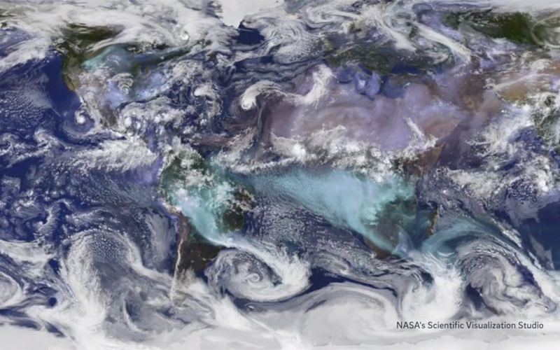 Clouds and aerosols over Earth. (Image from NASA simulation)