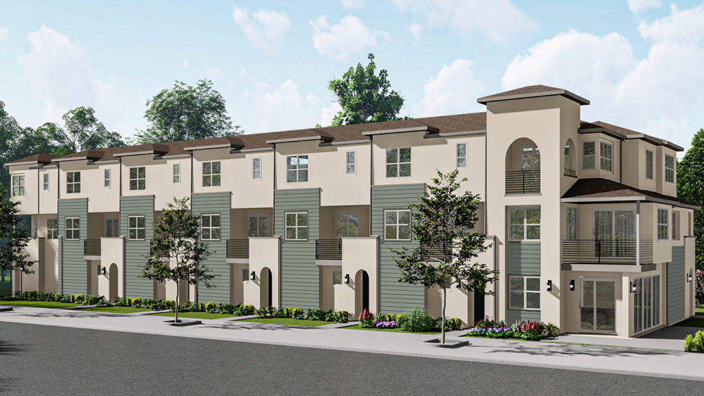 Rendering of Metis at Poway Commons: 13 three-story townhomes with two to three bedrooms.