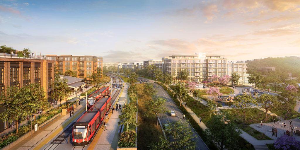 Rendering shows the Riverwalk trolley station.