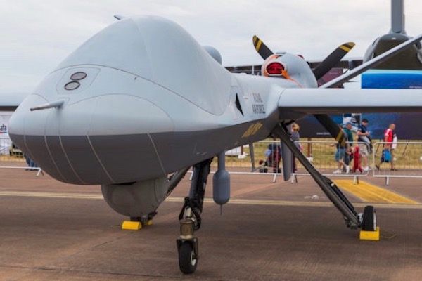 A General Atomics SkyGuardian drone is pictured at a 2018 air show in the United Kingdom. (Image via Shutterstock)