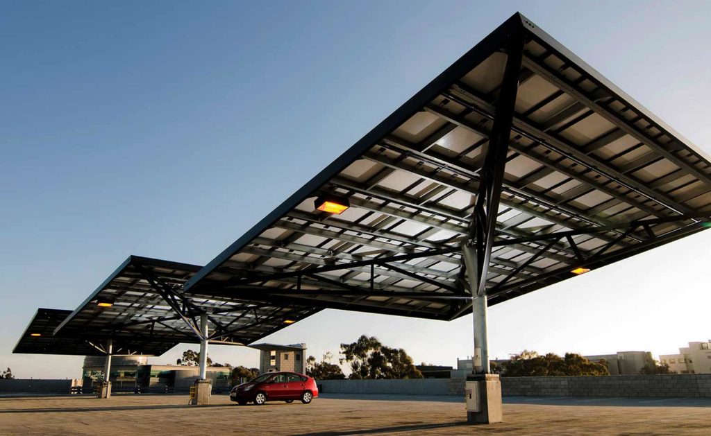 Solar trees on the top floor of the Gilman Parking structure at UC San Diego.