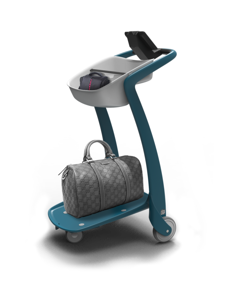 The luggage-carrying Intelligent Track Systems trolley has a tablet attached that scans boarding passes and gives a rang of pertinent traveler information.