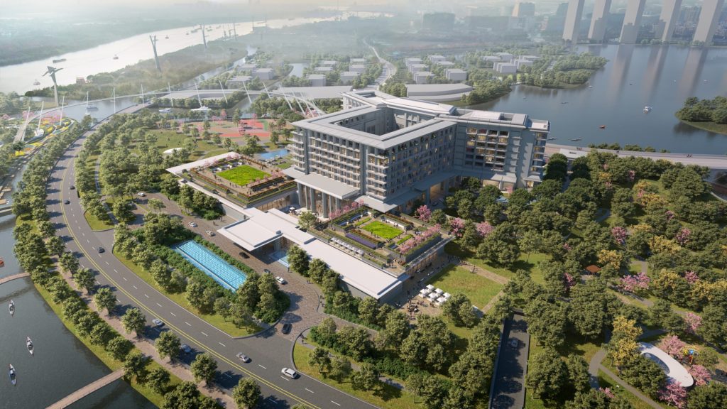 Gafcon will oversee Zizhu Hi-Tech Industrial Development Zone’s third phase, which centers on Orchid Lake Hotel, a 5-star business-class resort and conference center along the Huangpu River about 18 miles south of Shanghai in China. (Rendering courtesty of WATG)