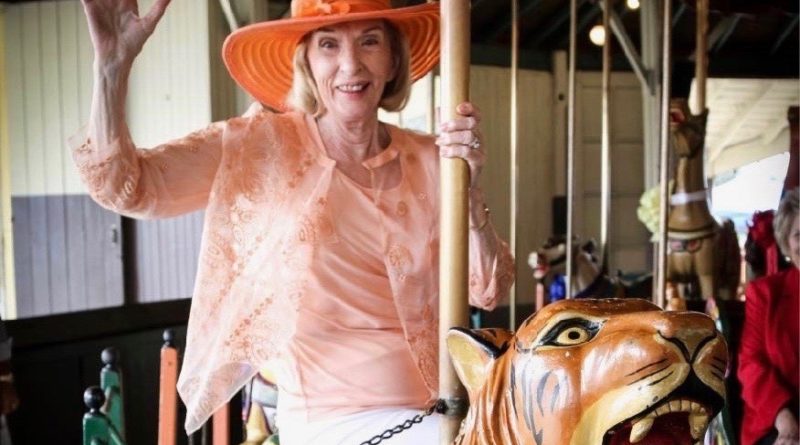 Dorothea Laub on her adopted Balboa Park Carousel ride.