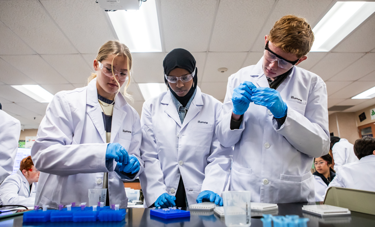 Three of biotechnology teacher Elizabeth Perkoski’s high school students learn the first steps of library preparation. (Photo: Kristy Walker)